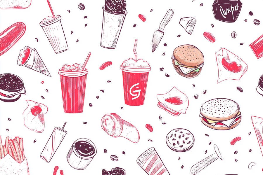Ilustração de padrão fast food com hambúrgueres milkshakes e batatas fritas