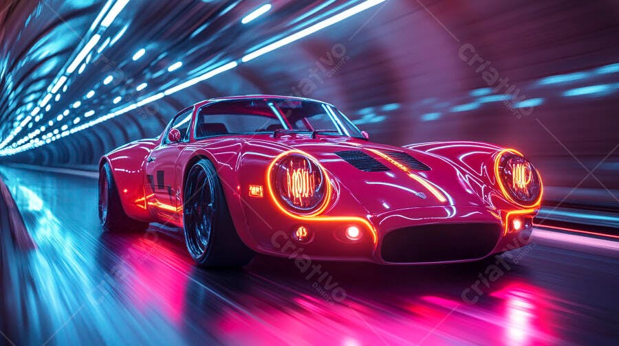Carro esportivo magenta em túnel neon futurista com luzes azuis e rosa