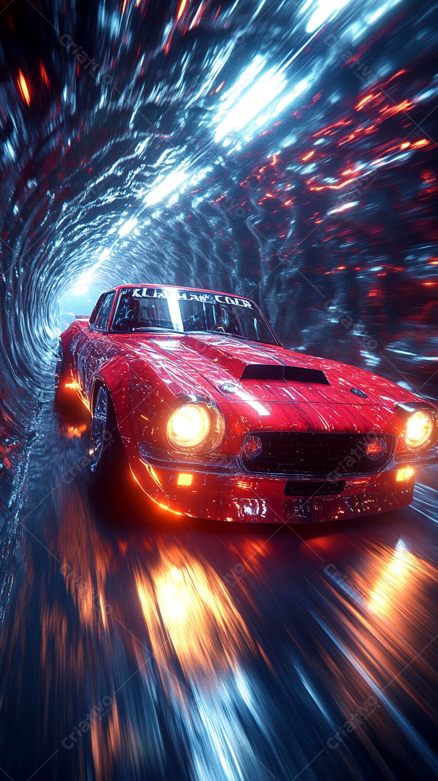 Carro esportivo vermelho em túnel futurista com luzes neon