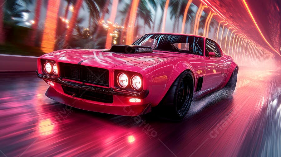 Carro esportivo rosa em túnel neon futurista noturno