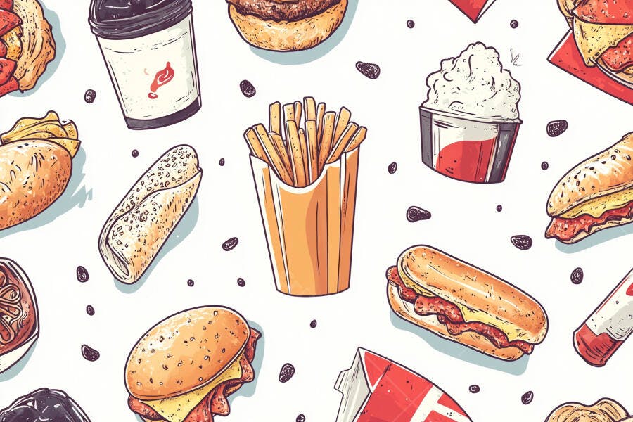 Ilustração de fast food com batatas fritas hambúrgueres e sanduíches em fundo branco