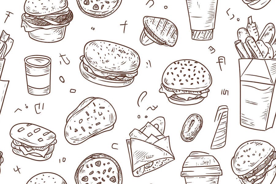 Ilustração de fast food padrão sem emenda com hambúrgueres batatas fritas e bebidas