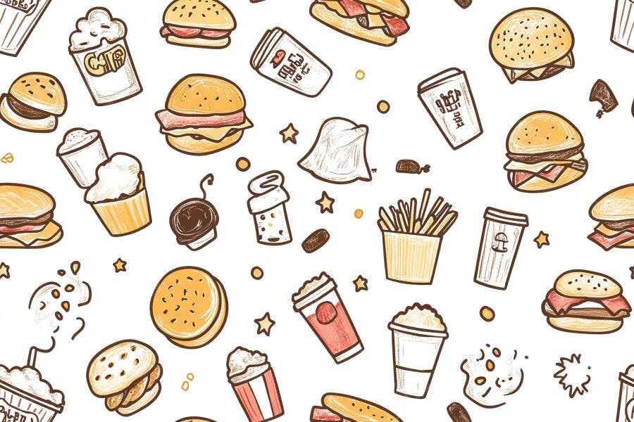 Padrão de fast food desenhado com hambúrgueres batatas bebidas e pipoca em fundo branco