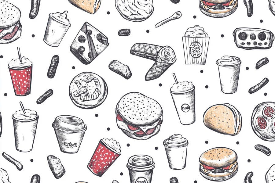 Padrão de fast food e lanches com hambúrgueres milkshakes e pizza em vermelho