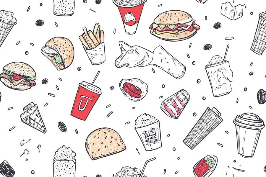 Padrão de fast food e lanches desenhados à mão com fundo branco