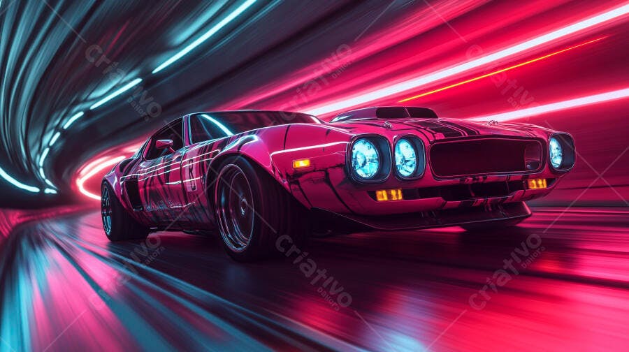 Muscle car rosa néon em túnel futurista com luzes ciano