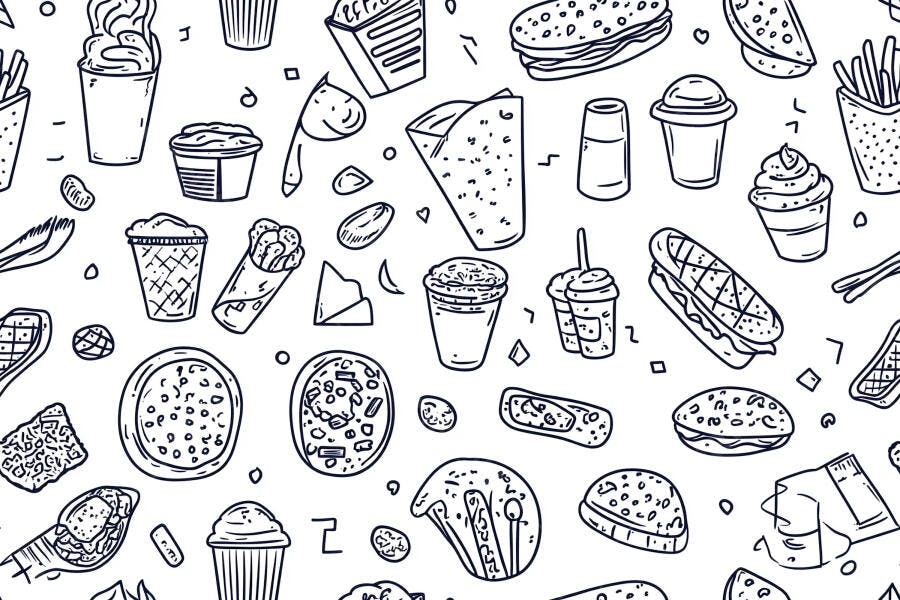 Padrão de comida rápida ilustração de lanches e doces contornos pretos