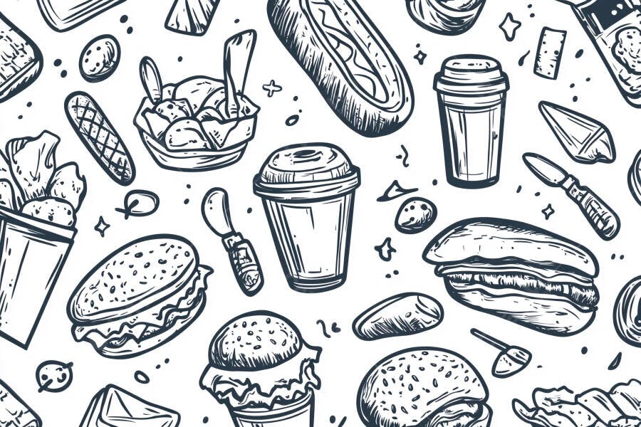 Padrão sem emenda de comida rápida em desenho de linha preto e branco