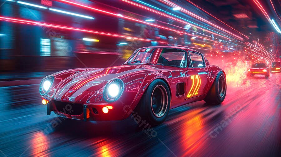 Carro esportivo clássico vermelho em alta velocidade túnel neon luzes vibrantes
