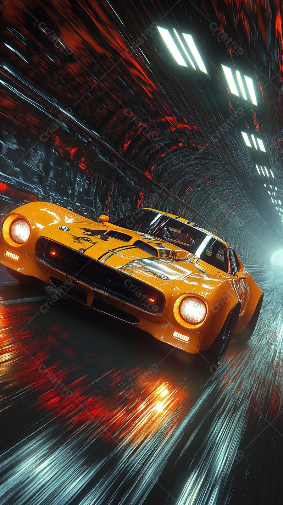 Carro esportivo laranja veloz em túnel futurista neon vermelho e branco