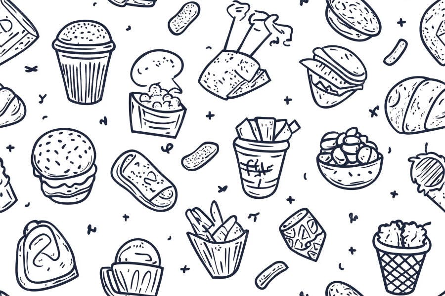 Padrão sem costura de fast food e lanches doodle em desenho de linha preto