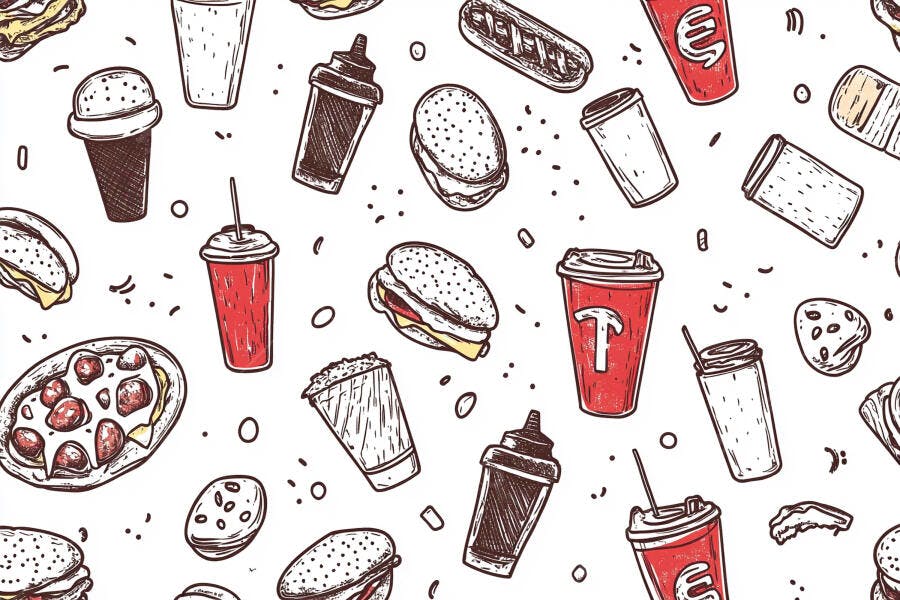 Padrão sem emenda de fast food desenhado à mão hambúrguer pizza refrigerante