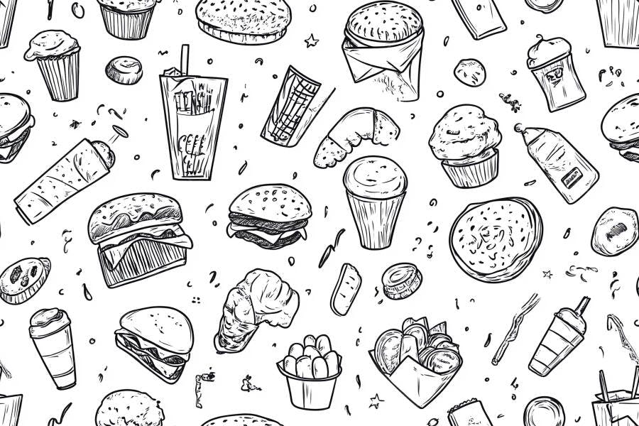 Padrão sem costura de ilustrações de fast food e lanches variados em preto e branco