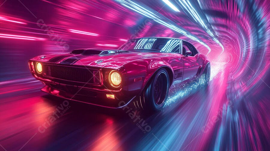 Carro esportivo rosa veloz em túnel neon com luzes azuis e roxas