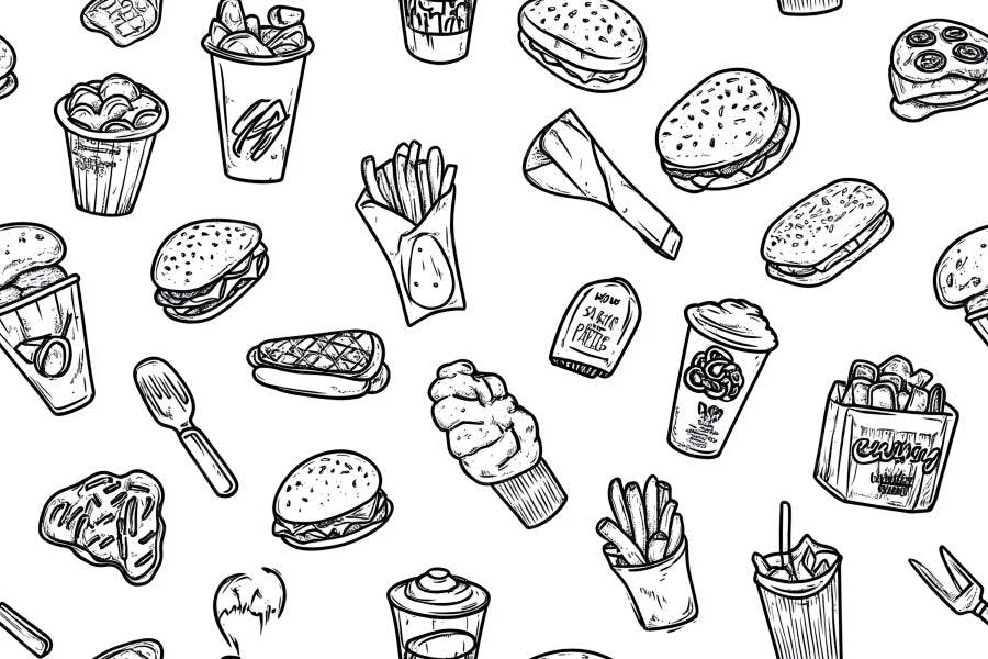 Comida rápida padrão sem emenda ilustrada preto e branco