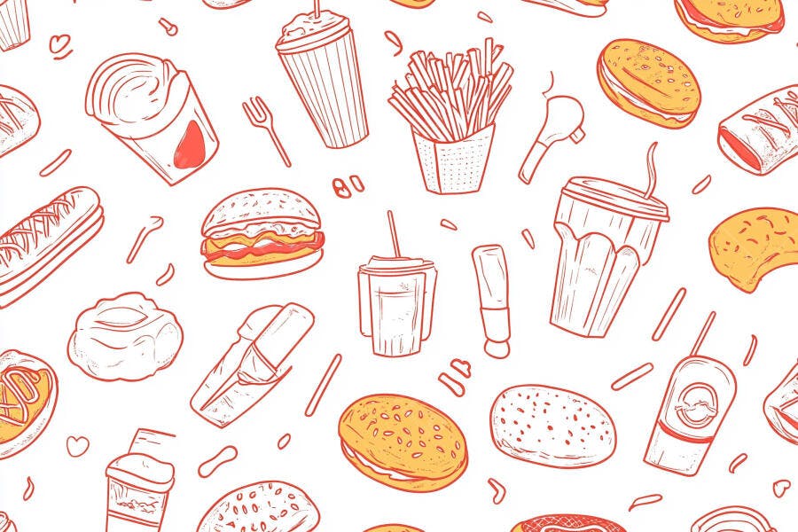 Padrão sem costura de fast food ilustrações desenhadas à mão