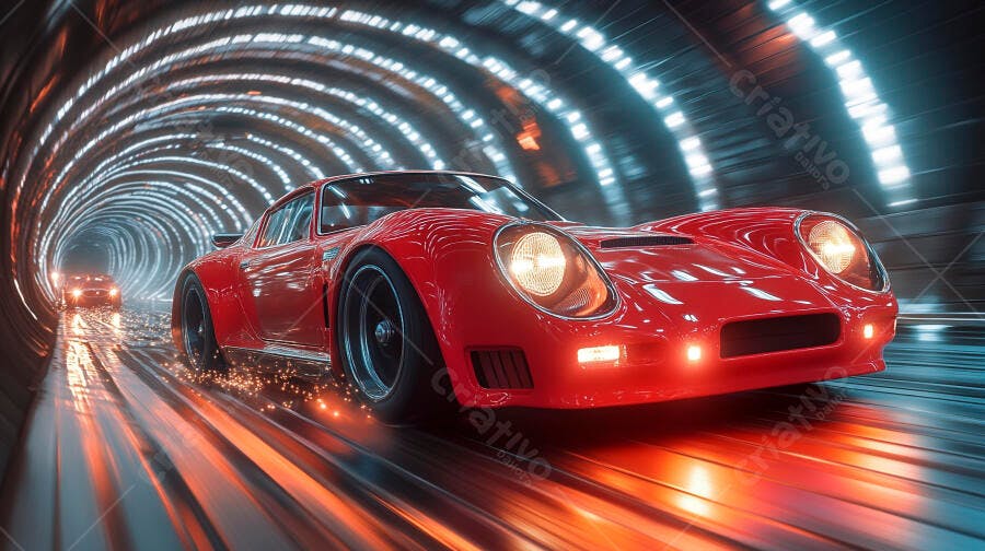 Carro esportivo vermelho em túnel futurista com luzes azuis e laranjas