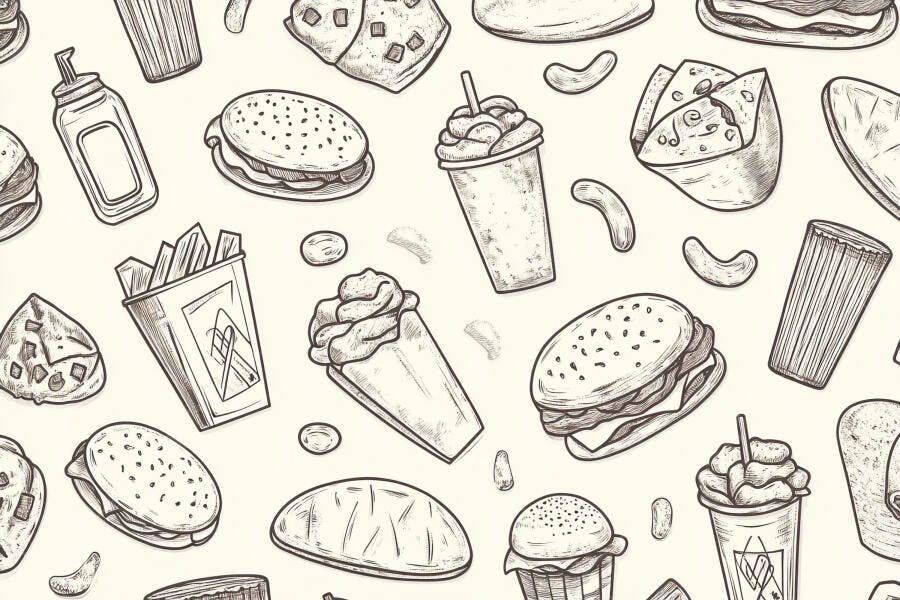 Padrão de ilustração comida rápida com hambúrgueres batatas fritas milkshakes e nachos