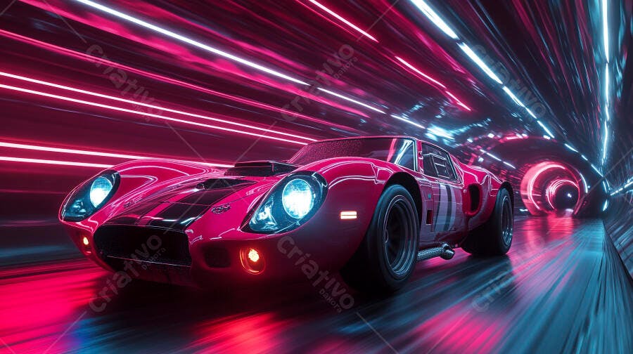 Carro esportivo rosa em túnel neon futurista com luzes azuis e rosas