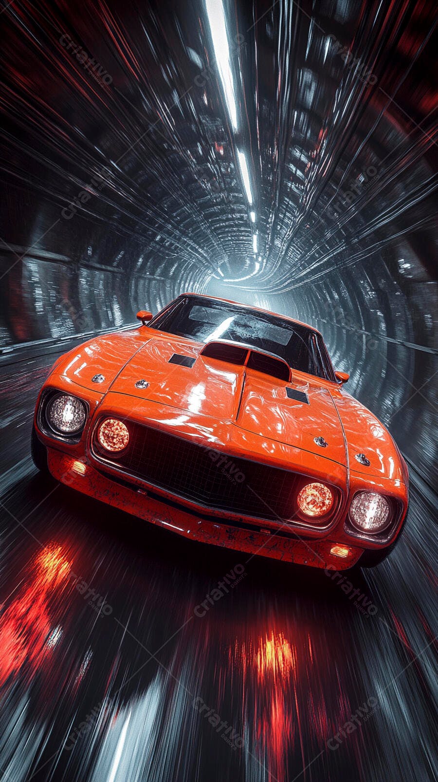 Carro esportivo laranja em túnel futurista e escuro em alta velocidade
