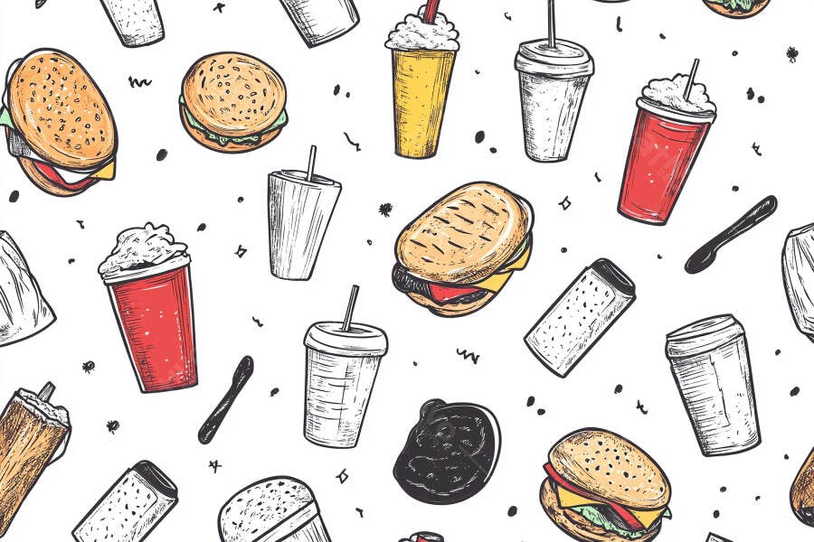 Padrão sem emenda de hambúrgueres e milkshakes coloridos desenho à mão estilo doodle