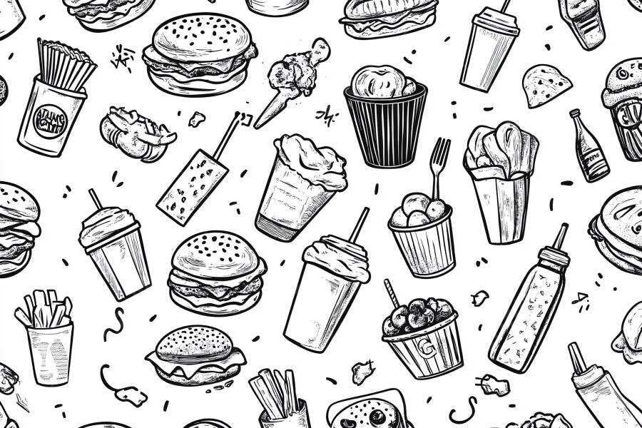 Padrão de fast food ilustração monocromática de hambúrgueres, batatas fritas e milkshakes