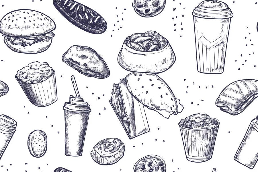 Padrão sem emenda de lanches fast food ilustração monocromática desenhada à mão