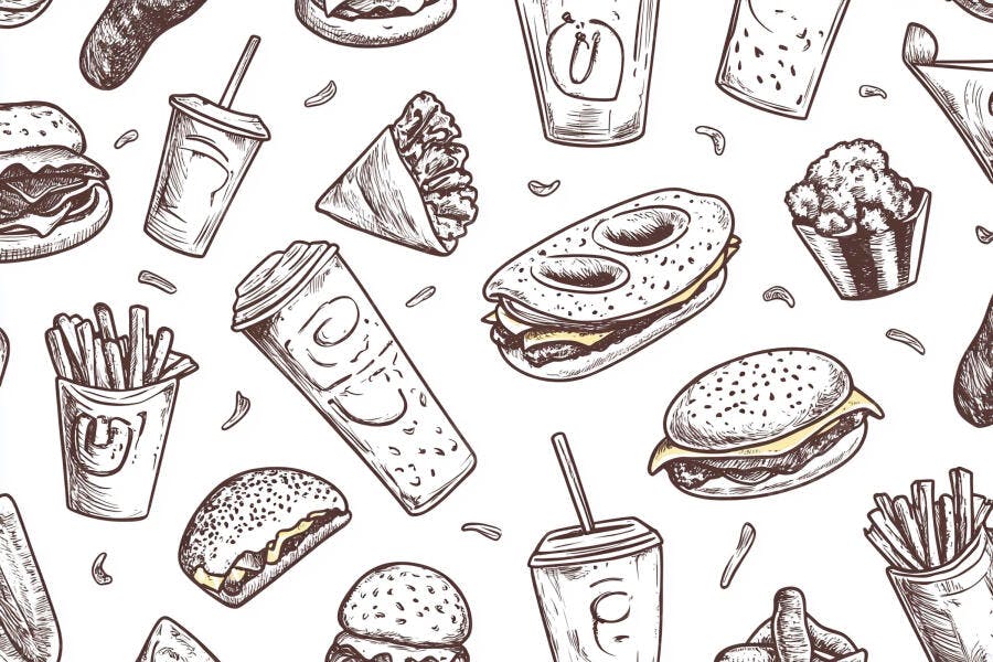 Padrão de fast food ilustrado com hambúrgueres batatas fritas bebidas e lanches
