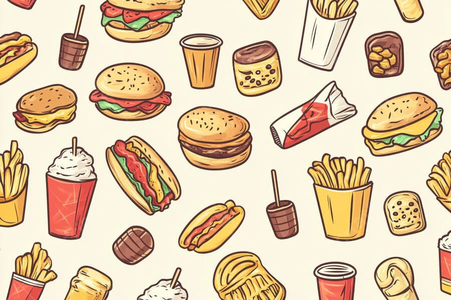 Padrão colorido de comida rápida com hambúrgueres batatas fritas e milkshakes