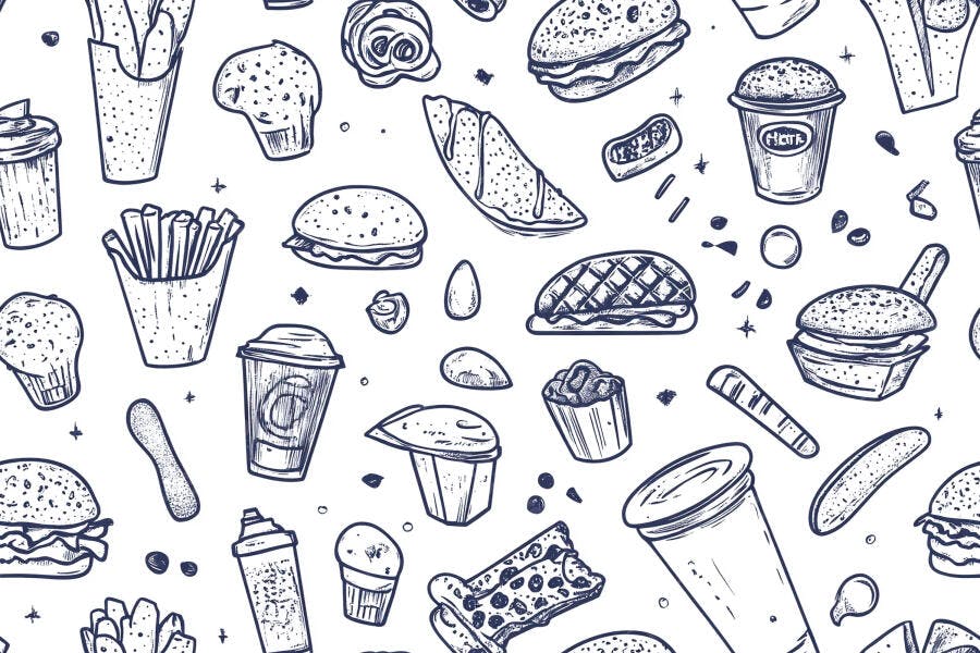 Padrão sem costura de fast food ilustração de lanches e bebidas em preto e branco