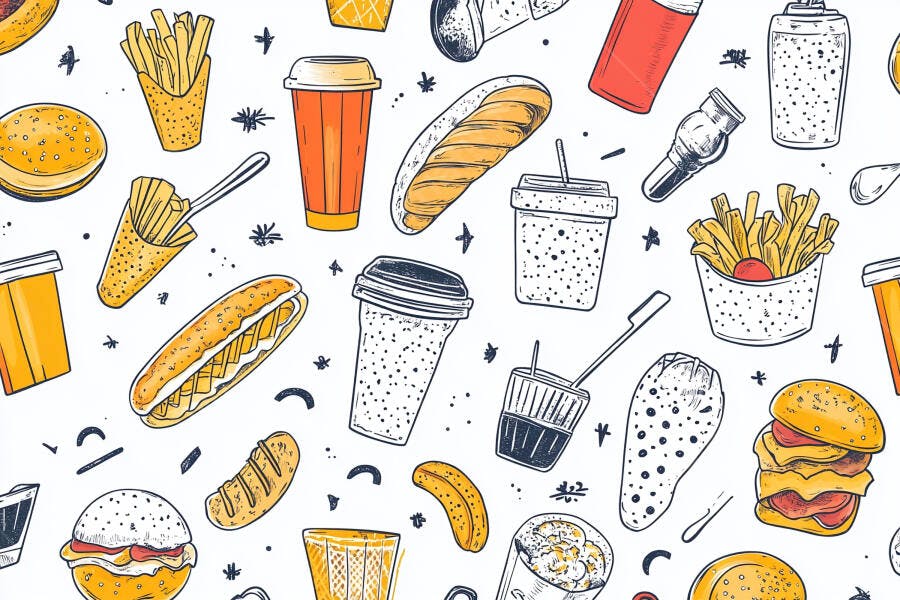 Padrão de fast food desenhado itens coloridos ilustração alegre
