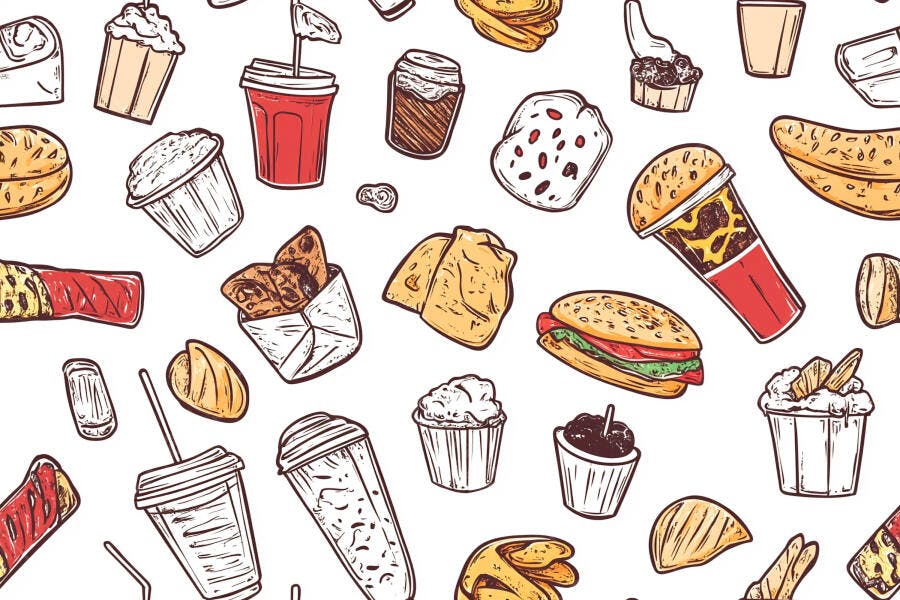 Padrão sem emenda de fast food e lanches doces ilustração desenhada à mão