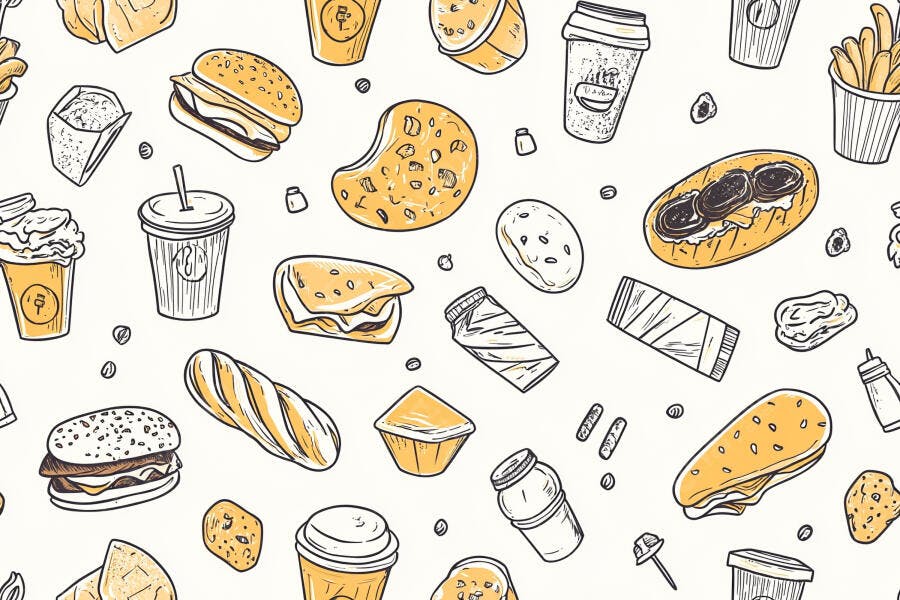 Padrão sem costura de comida rápida e lanches ilustração amarela