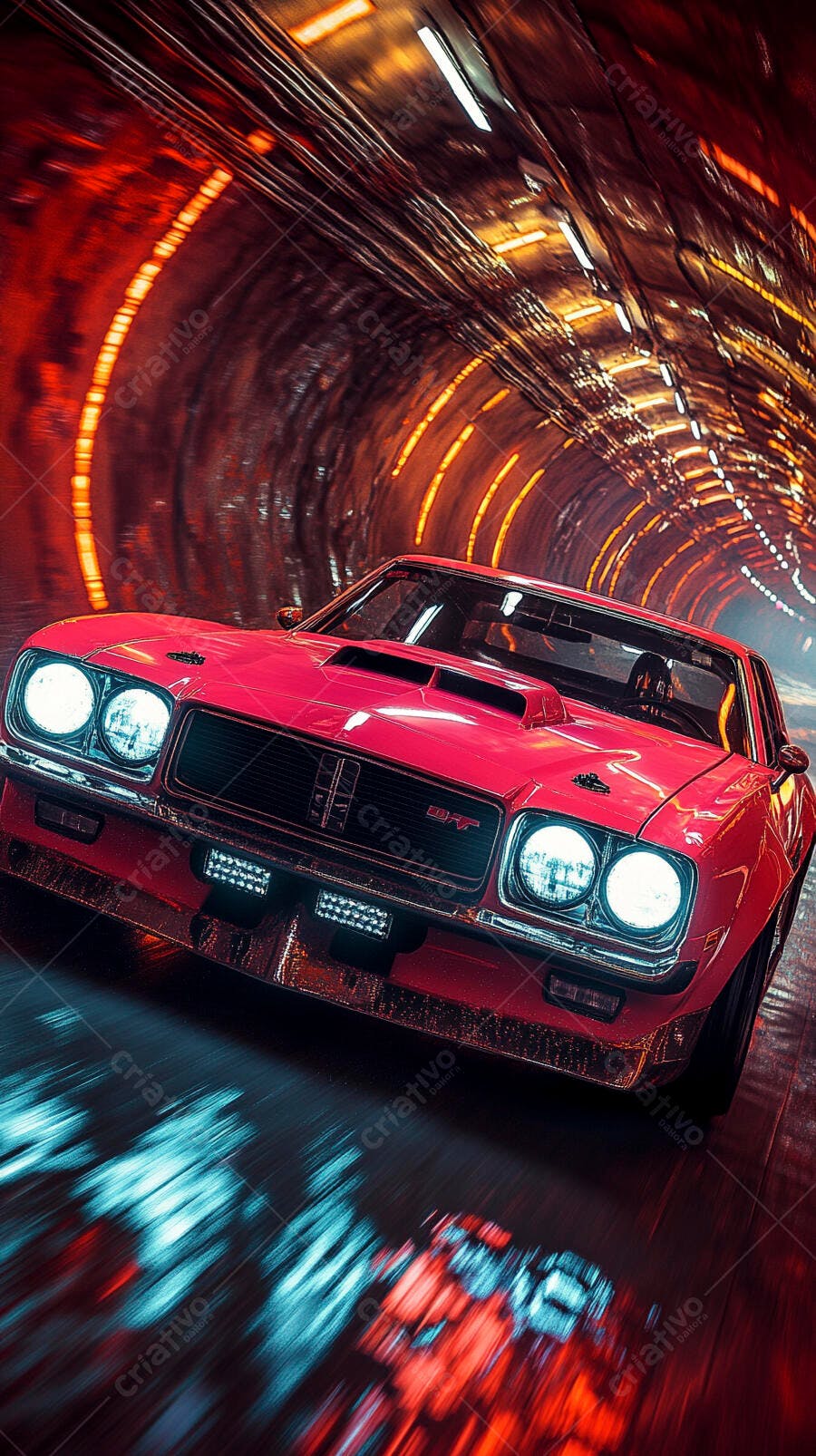 Carro muscle vermelho vintage em túnel futurista com luzes neon