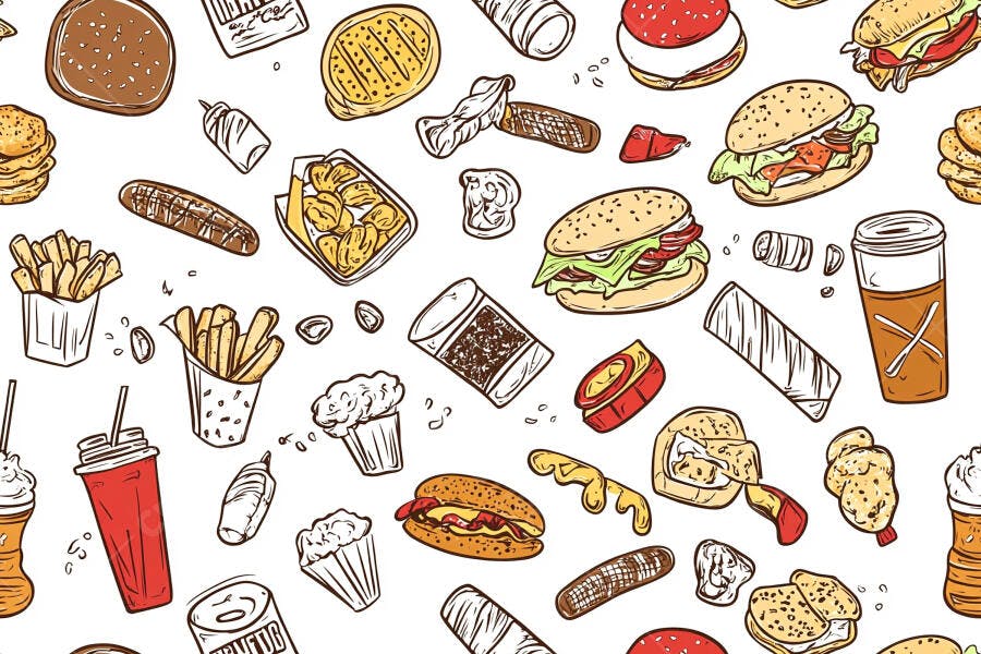 Comida rápida desenho padrão sem costura hambúrgueres batatas fritas bebidas variadas