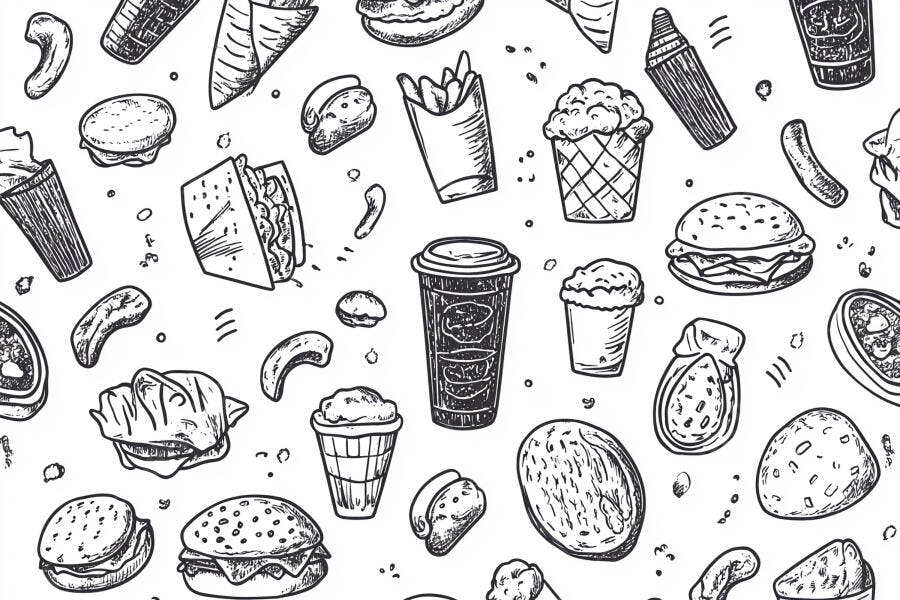 Hambúrguer batata frita e sorvete ilustração padrão desenhado à mão em preto e branco