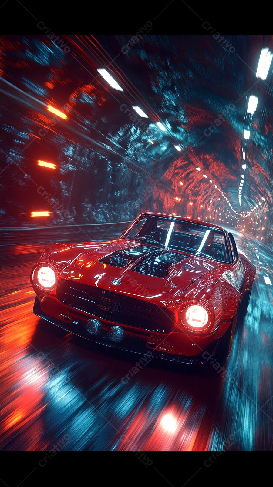 Carro esportivo vermelho clássico em túnel iluminado com neon e velocidade