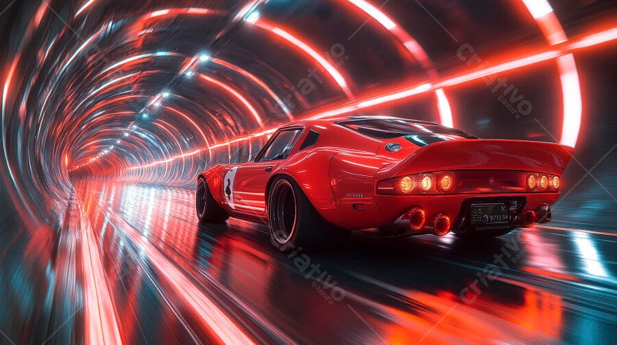 Carro esportivo clássico vermelho em túnel futurista neon com luzes vermelhas e azuis