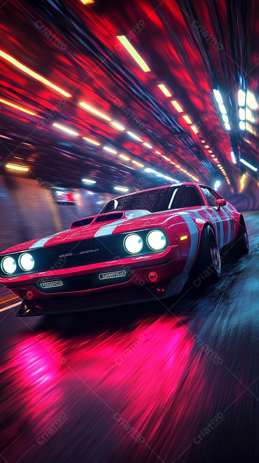 Carro esportivo vermelho em túnel neon azul com efeito de velocidade
