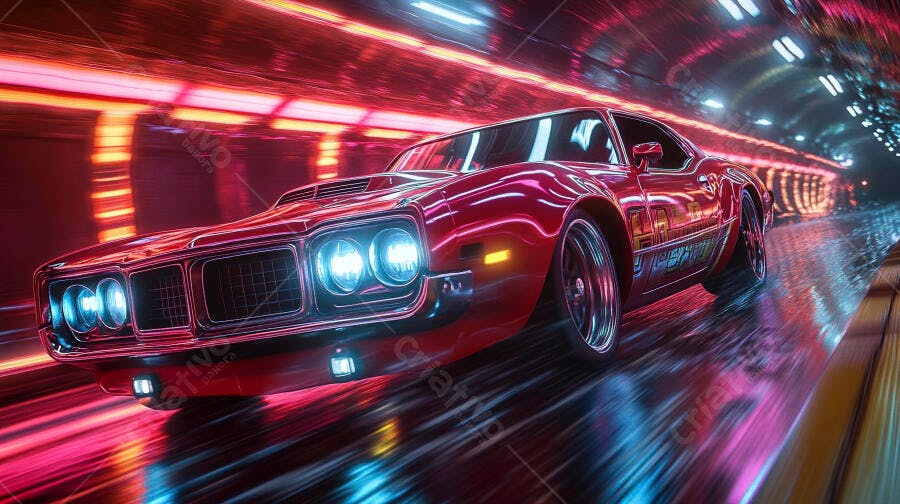 Carro esportivo vermelho em túnel neon futurista com rastros de luz