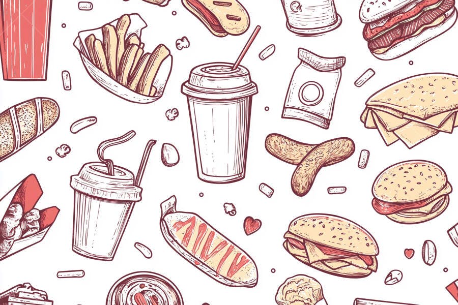 Ilustração padrão comida rápida hambúrgueres batatas fritas refrigerantes