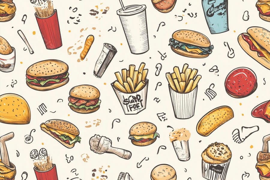 Padrão sem costura de fast food hambúrguer batata frita e refrigerante desenho animado