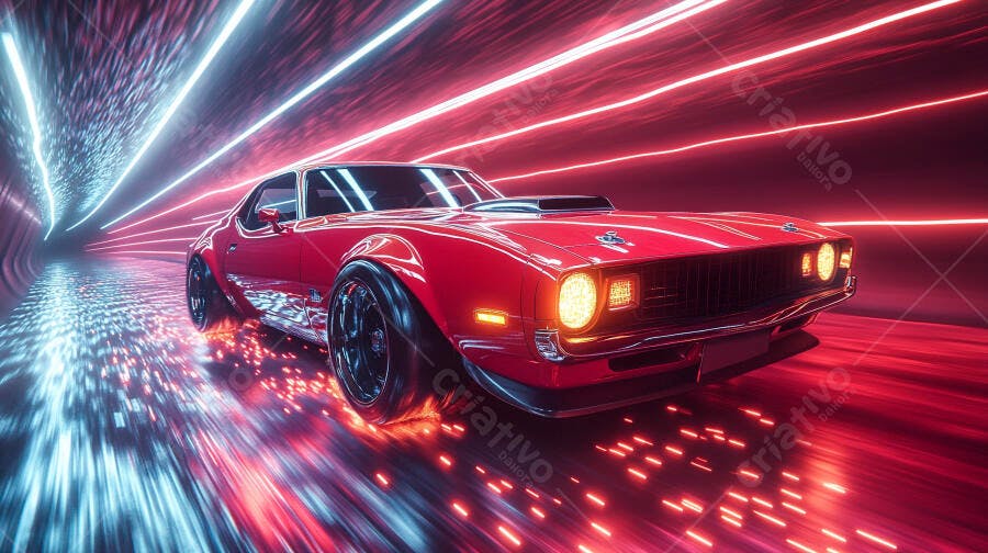 Carro clássico vermelho em túnel neon futurista com rastros de luz