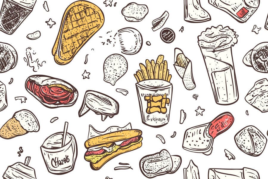 Padrão de fast food e lanches ilustrados em estilo doodle vibrante