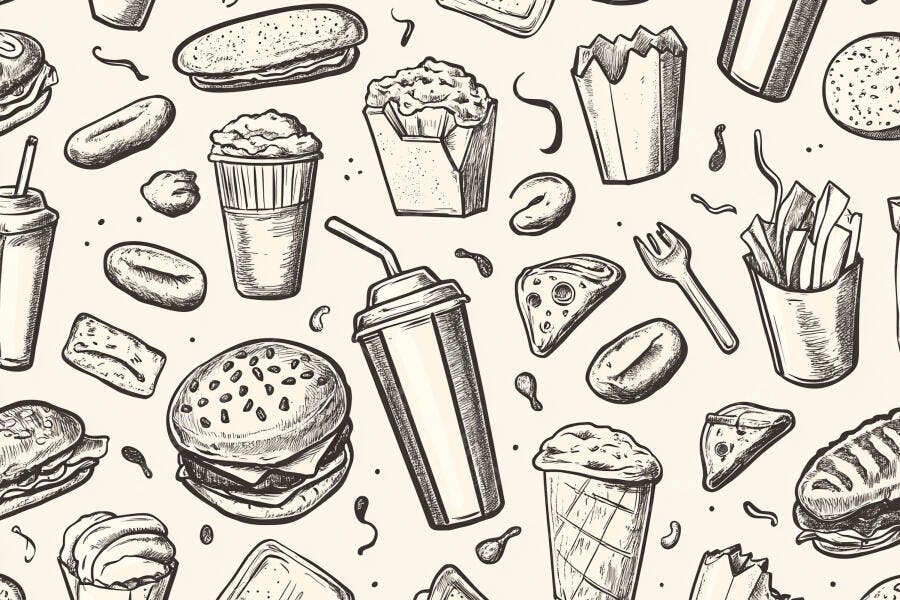 Padrão sem emenda de lanches e fast food ilustração vintage em sépia