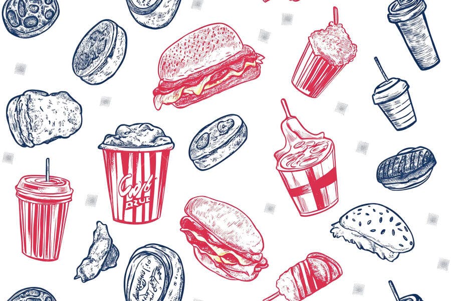 Ilustração de fast food padrão sem costura estilo retrô vermelho e azul
