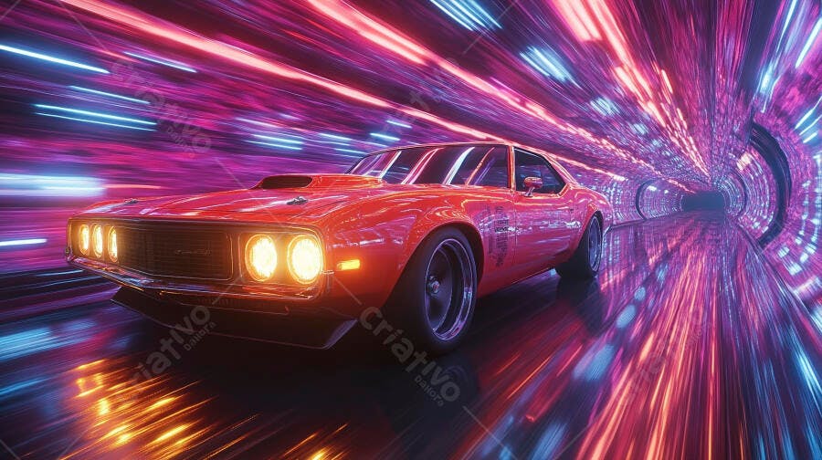 Carro muscle vermelho em túnel futurista neon colorido velocidade