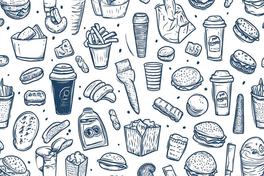 Desenho de fast food e bebidas padrão azul e branco sem emenda