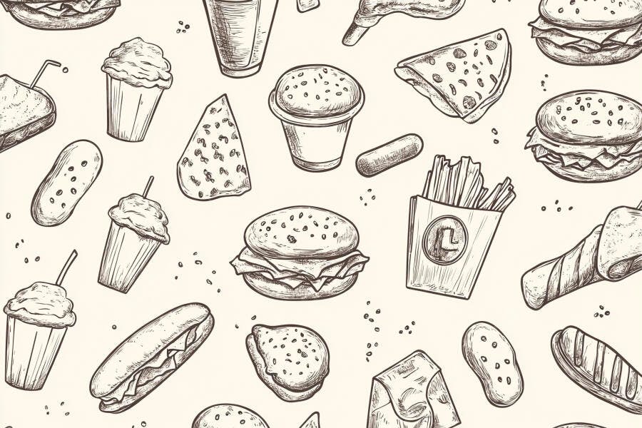 Padrão de fast food desenhado à mão hambúrguer batata frita milkshake