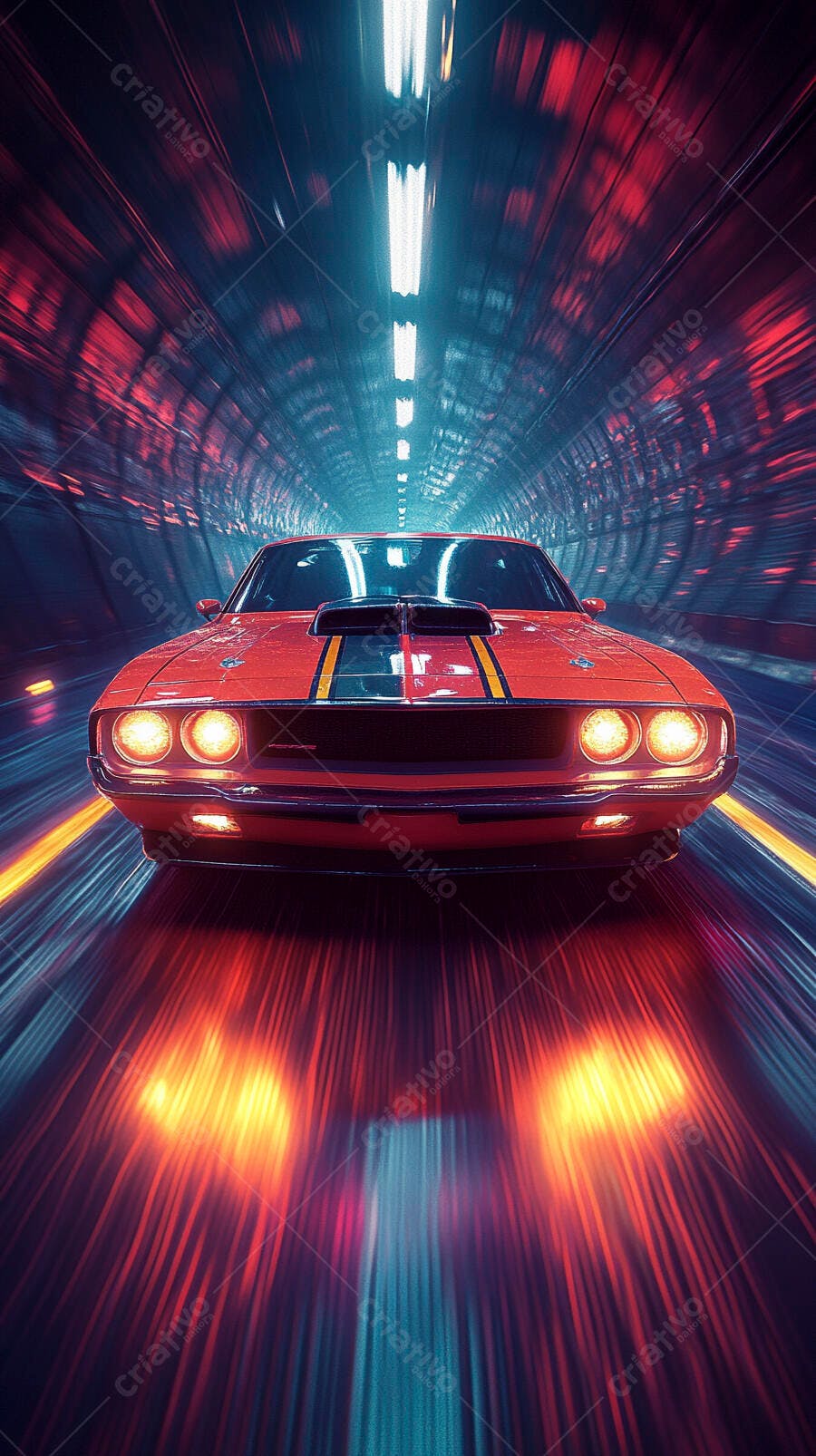 Carro esportivo vermelho em túnel de alta velocidade com luzes neon